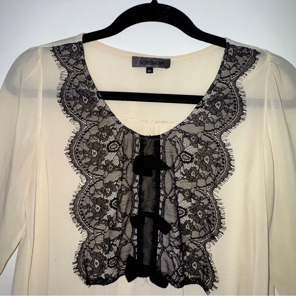 Topshop Sheer Blouse Small Cream Long Sleeve Black Lace Trim Romantic Top Size S - Picture 2 of 7